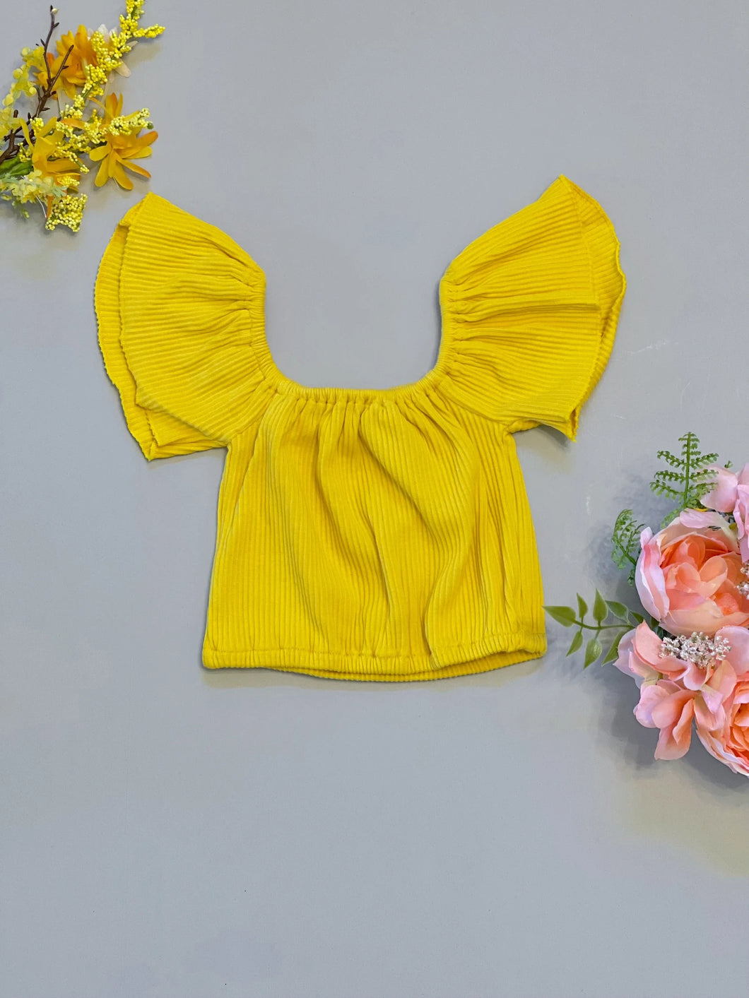 RTS Yellow Rib Flutter Sleeve Crop Top